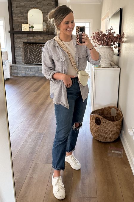 Spring casual outfit!! Casual spring outfit! My fave Abercrombie jeans are on sale for the LTK spring sale using code AFLTK 👍🏼 My white button down gauzy top is restocked at only $22! Perfect styled casually or over a swimsuit as a coverup! 

Linked my white sneakers, quilted belt bag fanny pack, purse strap & gold hoops!! Love my new heart groceryglammama heart necklace too 👏🏼👏🏼



#LTKSpringSale #LTKsalealert #LTKSeasonal