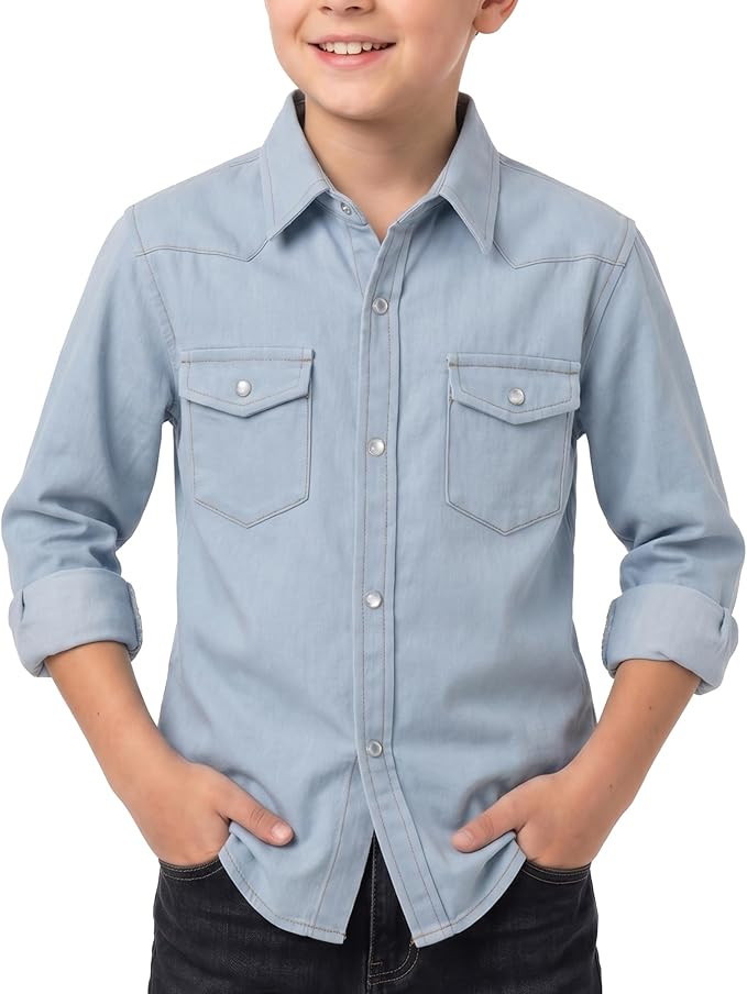 Amazon.com: Spring&Gege Boys Western Denim Button Down Shirt Long Sleeve Pearl Snap Two Pockets C... | Amazon (US)