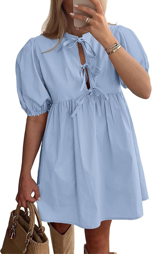 PRETTYGARDEN Womens Summer Casual Short Sleeve Dresses A Line Bow Tie Front Babydoll Loose Cute M... | Amazon (US)