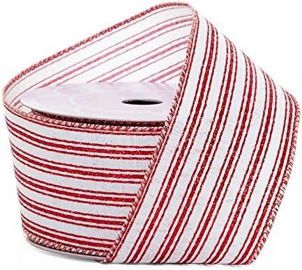 2 1/2" X 10 Yards White/Red Tri-Striped Wired Ribbon | Amazon (US)