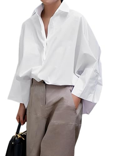 UOOZEE Womens Button Down Shirt Casual Long Sleeve Loose Fit Collared Work Blouse Tops, White S | Amazon (US)