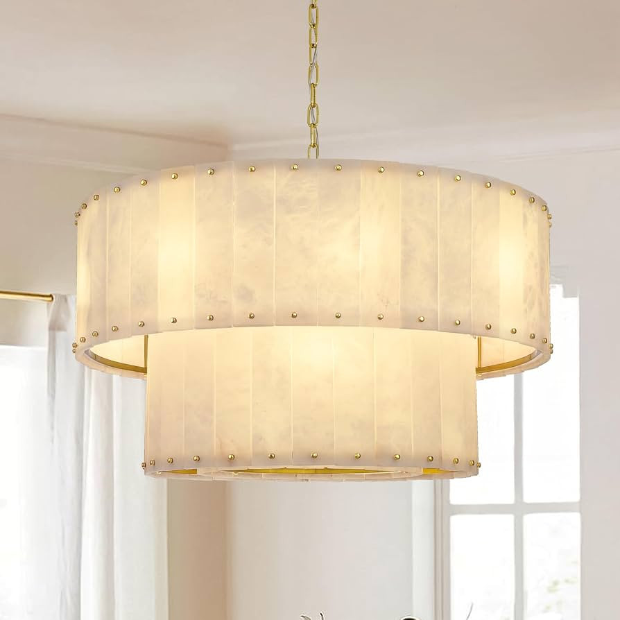 Alabaster Chandelier,D32in Spanish Marble Round Alabaster Chandelier 2 Tiers,Modern Living Room A... | Amazon (US)