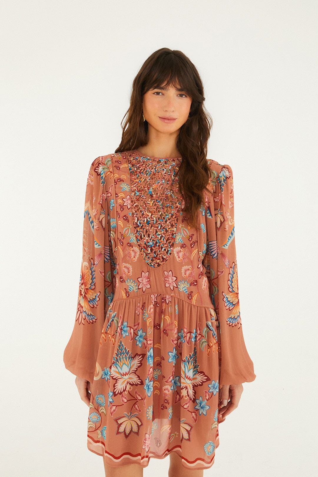 Mocha Boho Enhance Lace Long Sleeve Mini Dress | FARM Rio | FarmRio (US)