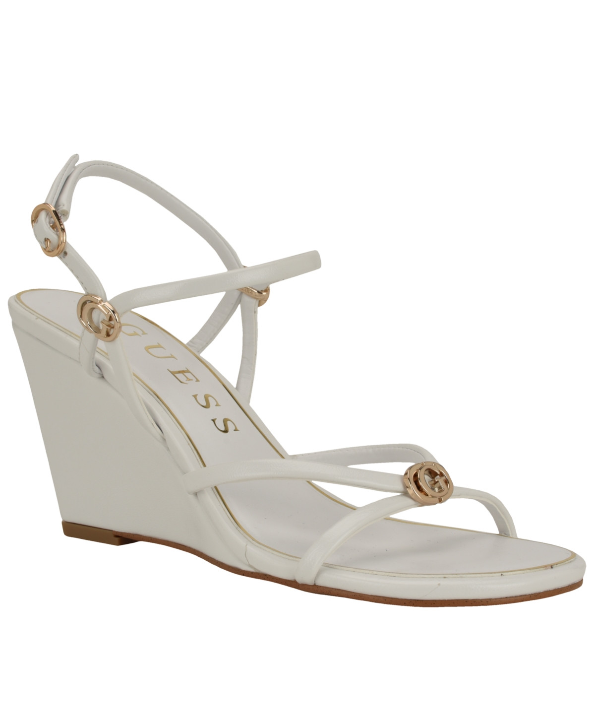 Guess Women's Devve Strappy "G" Dressy Wedge Heel Sandals - White Patent | Macy's
