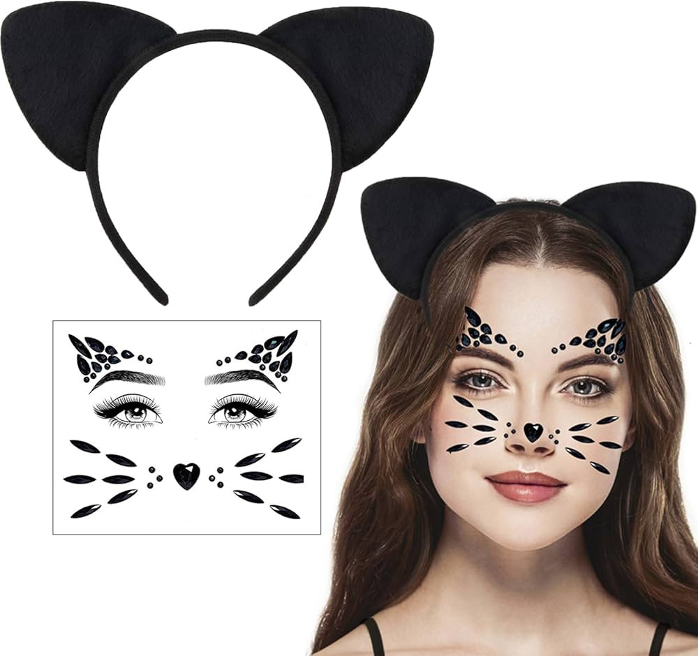 Cat Ear Headband with Face Jewels Set, Halloween Cat Cosutme Accessories Cat Face Gems Stickers f... | Amazon (US)