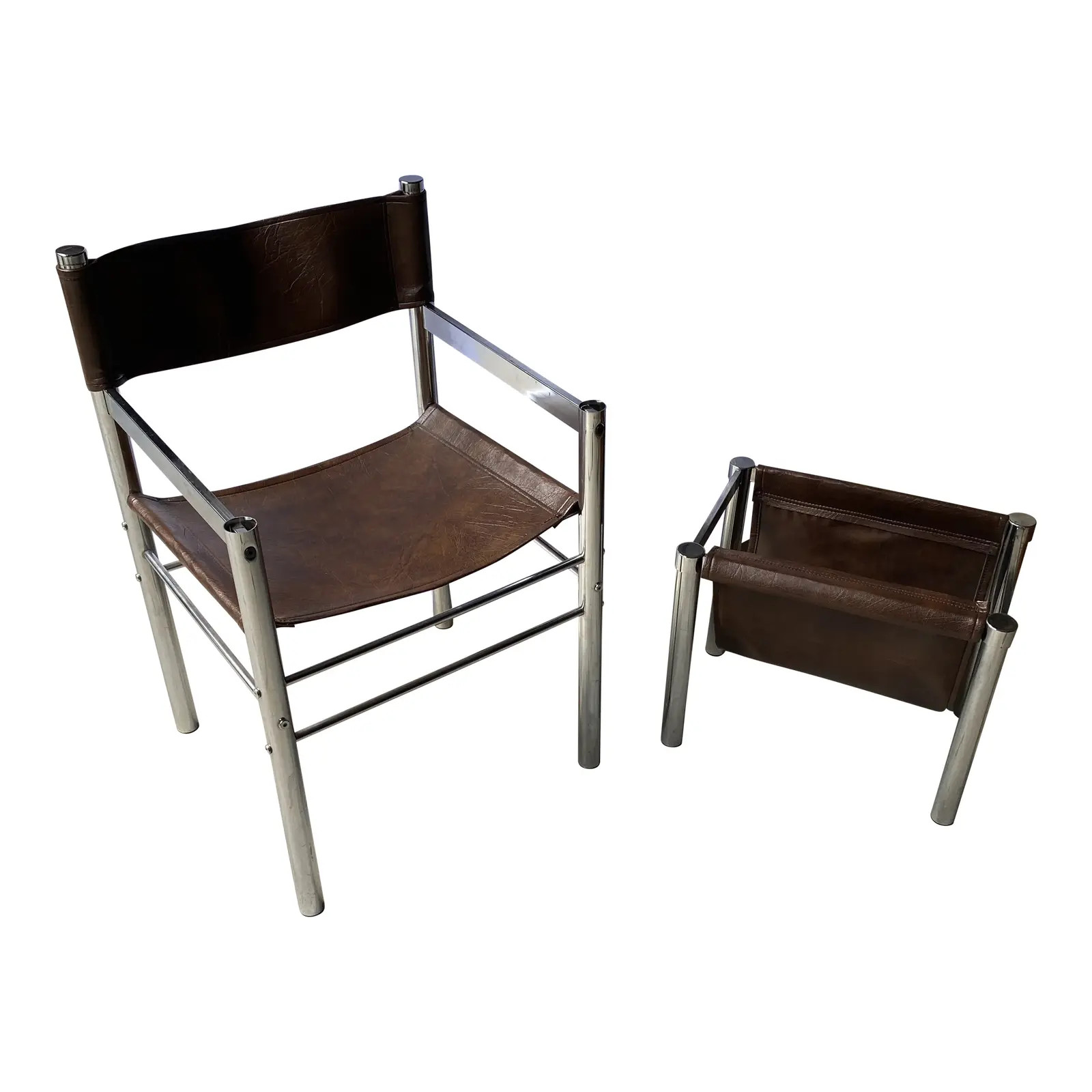 1970s Vintage Chrome Chair and Matching Chrome Magazine Rack | Chairish