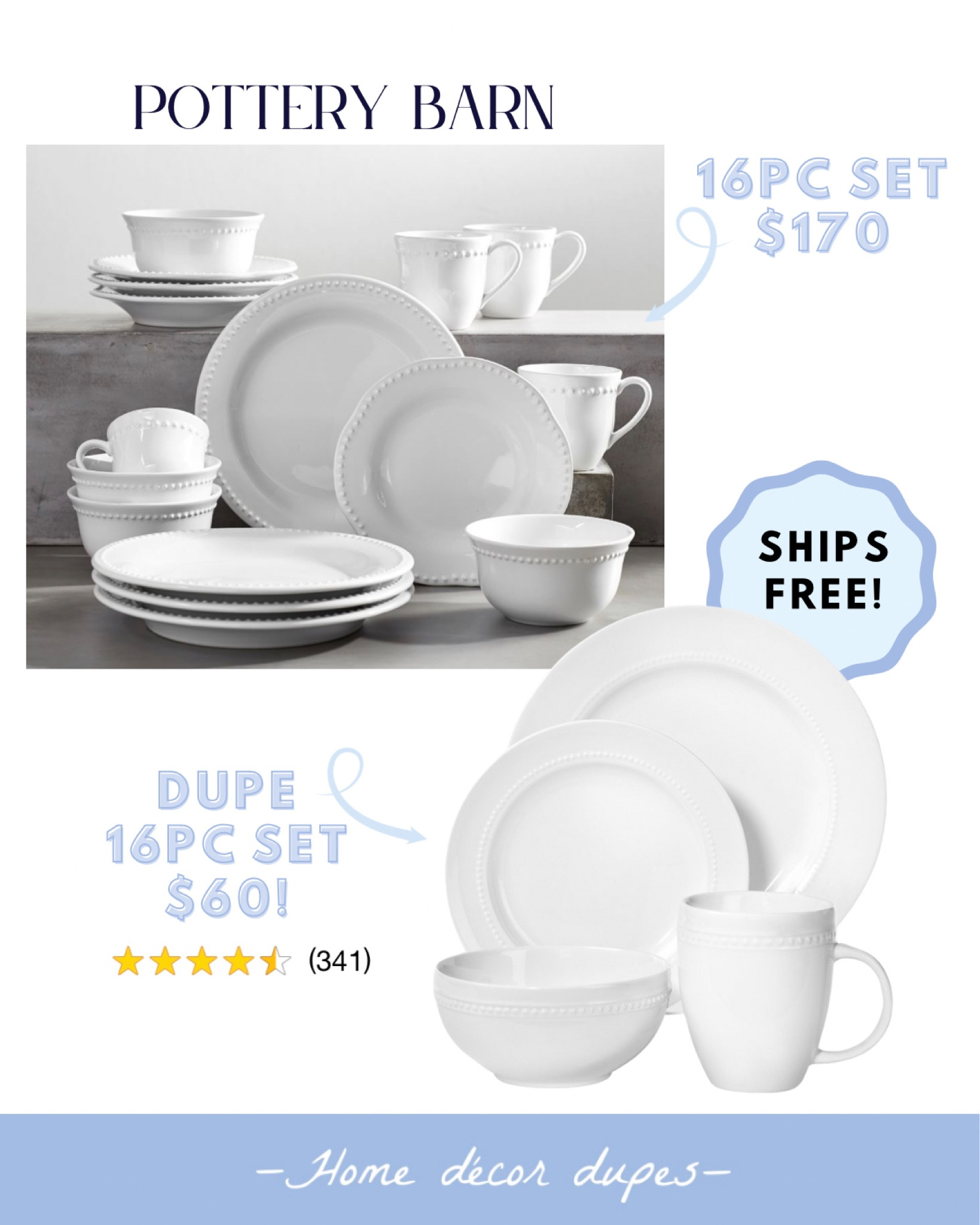 Anyone looking for new classic dishware?! Did you know there’s a DUPE set for the Pottery Barn Emma beaded stonewear set?! AND it’s over $100 less for  the same amount of dishes!! 👏🏻👏🏻👏🏻

Pottery Barn white Emma beaded stonewear 16 piece set $170 (on sale right now!)
DUPE white beaded porcelain dish set $60, ships free and is highly rated!!!

Linked more favorite affordable dishes too! Including a pretty white scallop set that’s also just $60!! 🙌🏻 And the blue striped scallop melamine dishes our family uses as our everyday plates!!

#LTKFind #LTKhome #LTKunder100