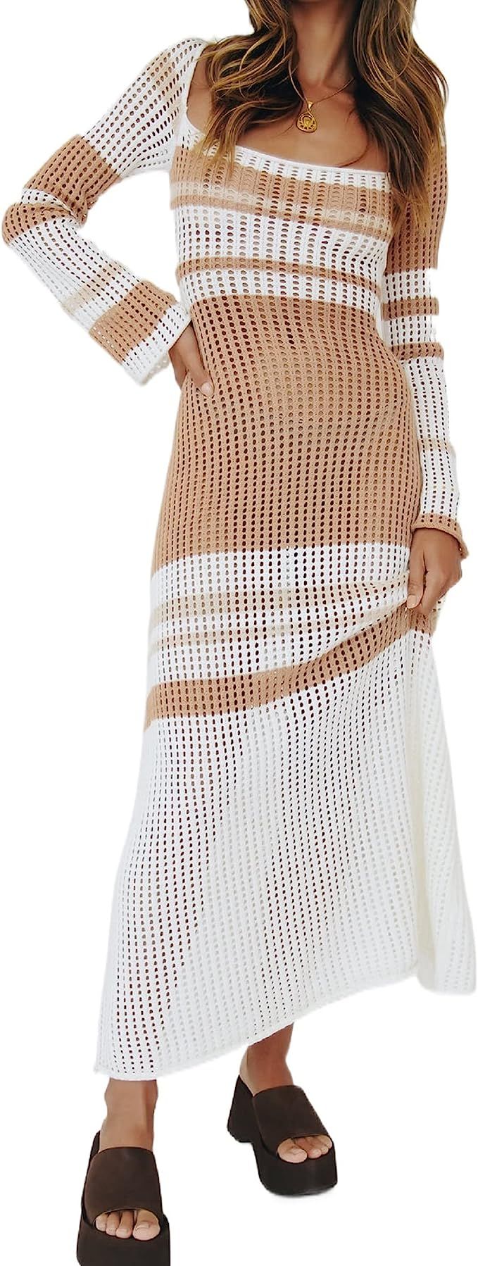NUFIWI Women Ribbed Knit Maxi Dress Sleeveless Cutout Knitted Long Dress Crochet Backless Spaghet... | Amazon (US)