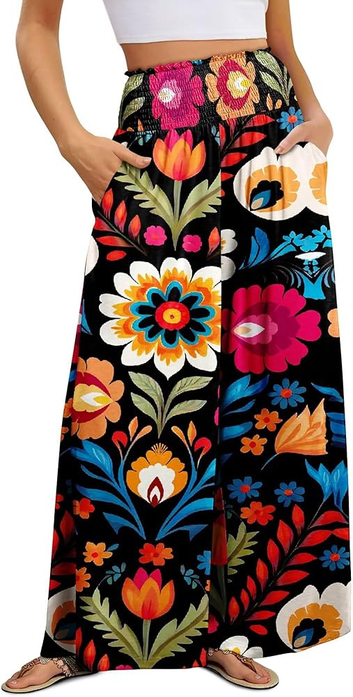 KISSMODA Women Palazzo Pants Summer Boho Bagyy Wide Leg High Smocked Waist Flowy Beach Casual Tro... | Amazon (US)