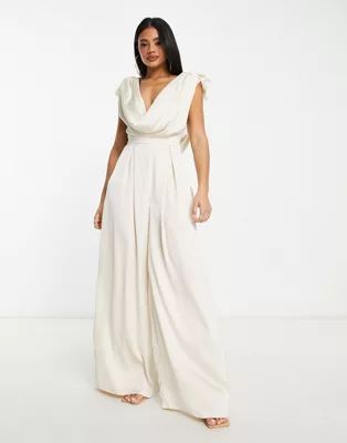 ASOS LUXE satin corsage plunge neck wide leg jumpsuit in champagne | ASOS (Global)