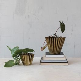 Brass Finish Fluted Metal Planter | Antique Farm House