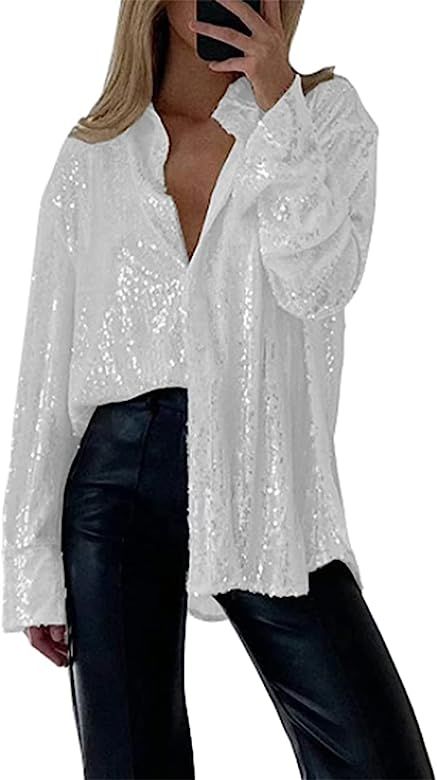 Women´s Sequin Button Down Shirt Lapel Long Sleeve Sparkle Glitter Cardigan Top Sequined Blouse ... | Amazon (US)