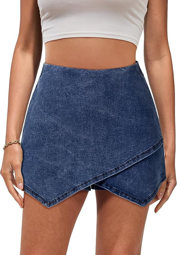 luvamia Jean Skorts for Woman High Waisted Pull On Stretchy Denim Wrap Skirt with Shorts Trendy A... | Amazon (US)