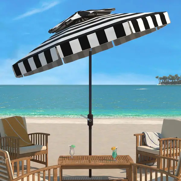SAFAVIEH Elsa 9ft Outdoor Patio Umbrella, Double Top - UV Resistant, Auto Crank Tilt - Bed Bath &... | Bed Bath & Beyond