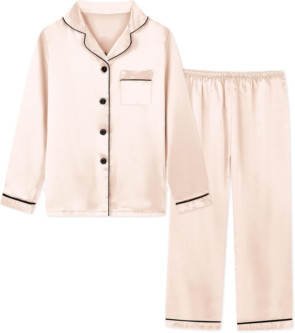 Schbbbta Girls & Women Satin Pajamas Set, 2Pj Silk Nightwear Button-Down Sleepwear for Teen Kid, ... | Amazon (US)