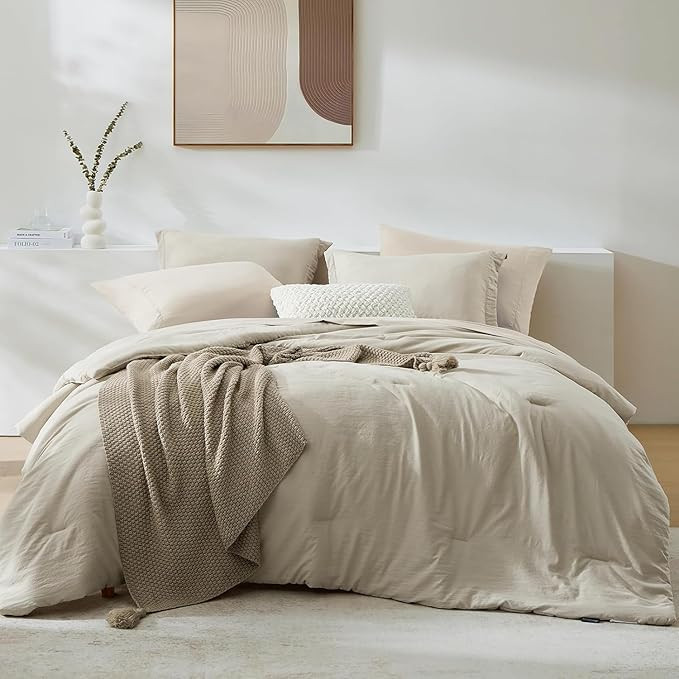 WRENSONGE King Size Comforter Set, 7 Pieces Soft Light Oatmeal Bed in a Bag King with Fitted Shee... | Amazon (US)