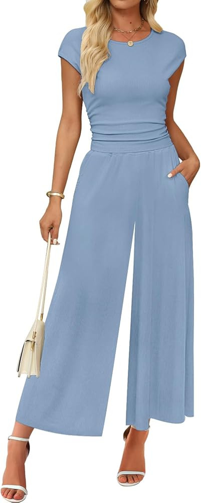 SAUKOLE Womens 2 Piece Outfits Trendy Slim Short Sleeve T Shirts And High Waist Wide Leg Pants Tr... | Amazon (US)