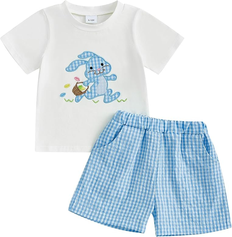 Toddler Baby Boy Easter Rabbit Outfit Short Sleeve Bunny Carrot Smocked T-shirt Elastic Waist Sho... | Amazon (US)