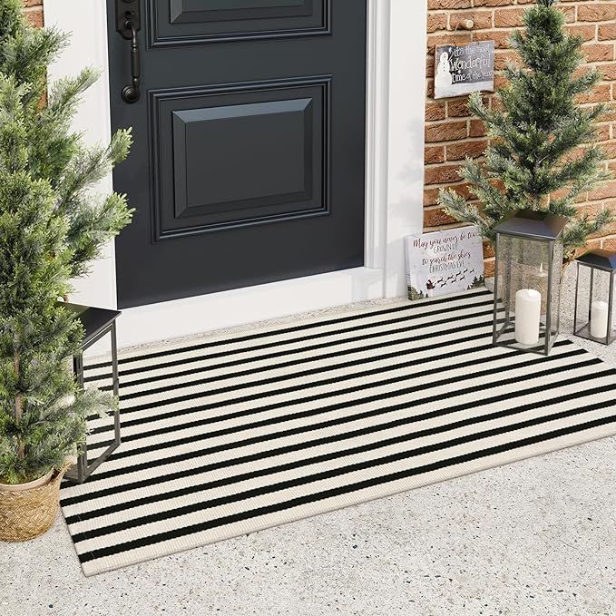 Black and White Outdoor Rug, 2x4.3 Striped Front Door Rug Cotton Hand-Woven Reversible Entryway R... | Amazon (US)