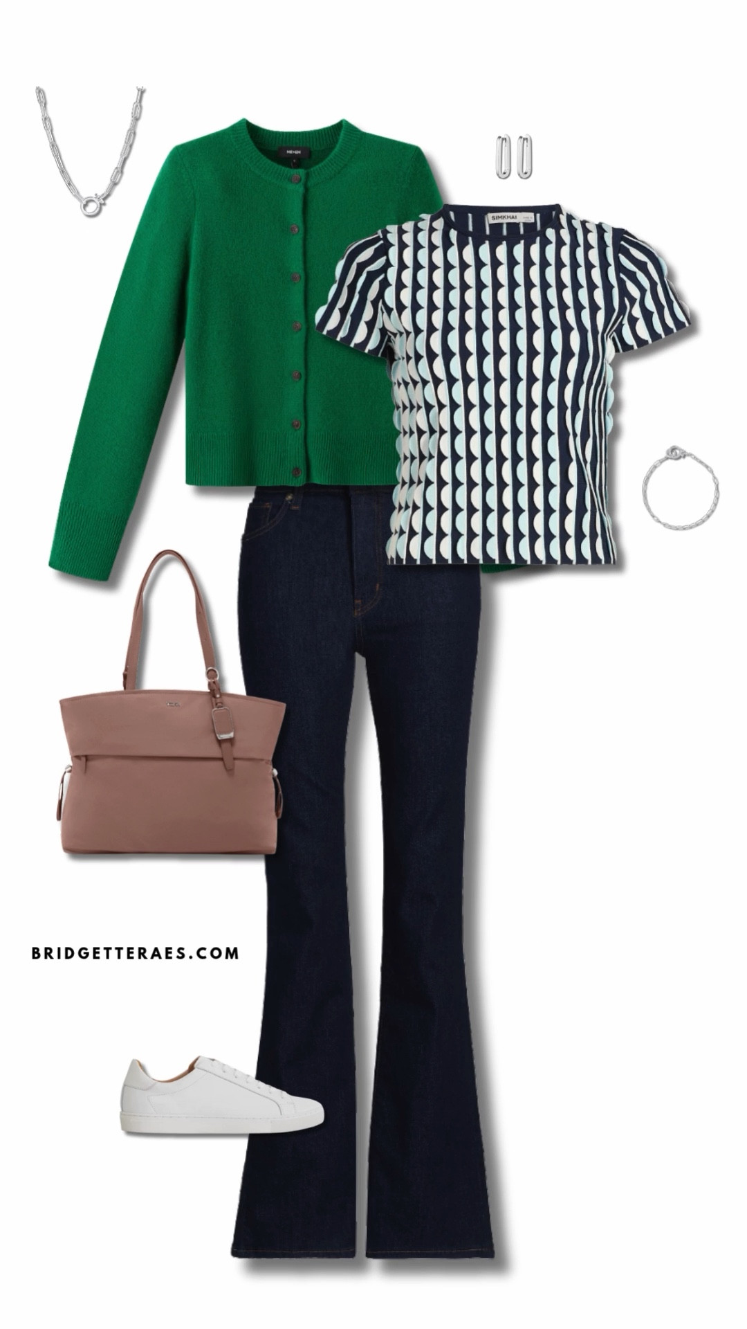 The geometric navy and white knit top adds bold visual interest, especially when layered under a vibrant green cropped cardigan for a modern pop of color. Dark denim flares ground the look with structure and polish, while white leather sneakers add ease and comfort for all-day wear. Silver jewelry complements the cool tones and keeps the vibe fresh, and a soft mauve tote brings in a gentle, feminine contrast that still feels versatile and functional. This look is ideal for the woman who wants to stay comfortable while still looking sharp and put-together.

#LTKWorkwear #LTKootd #LTKFindsUnder100
