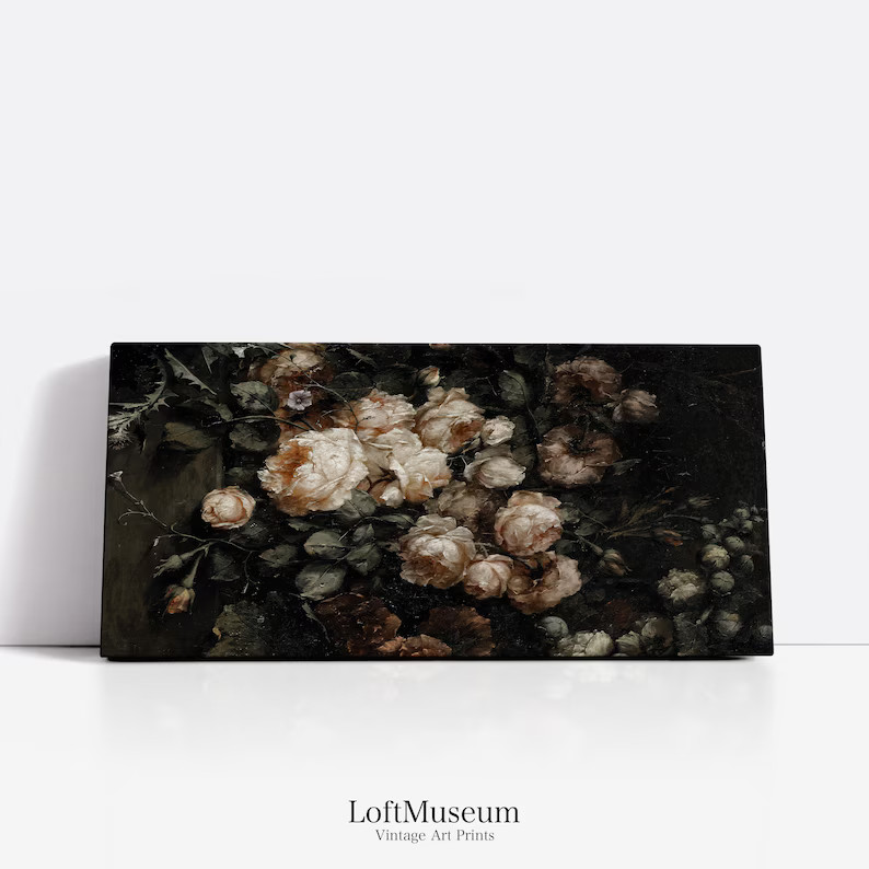 Vintage Wide Canvas Wall Art Panoramic Antique Rose Painting Horizontal Wall Art Ultra Long Wall ... | Etsy (US)