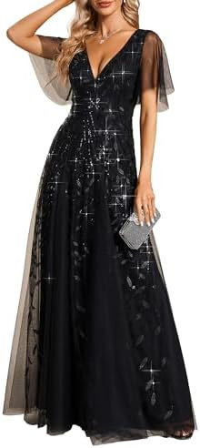 Ever-Pretty Women's Sequin Sparkly V-Neck Short Sleeve A-Line Floor Length Formal Evening Dress | Amazon (US)