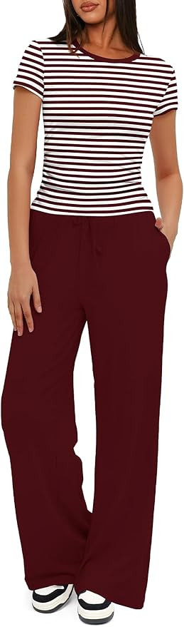 Darong Women's 2 Piece Summer Outfits Lounge Sets Side Ruched Short Sleeve Crop Top & Wide Leg Pa... | Amazon (US)