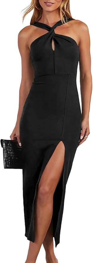 Wenrine Womens Sleeveless Dresses Split Keyhole Front Backless Halter Elegant Cocktail Midi Dress | Amazon (US)
