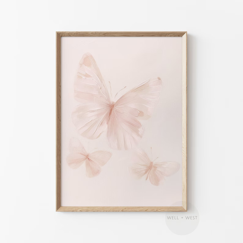 Coquette Wall Art Set of Five | White Swan Vintage Painting | Pastel Pink Butterfly | Girl Nurser... | Etsy (US)