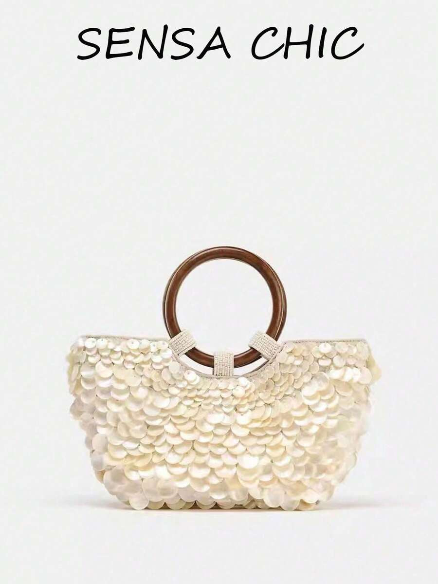 This Fashionable Women's Handbag Features Sparkling Sequins And A Ring-Shaped Handle. The Size Is... | SHEIN