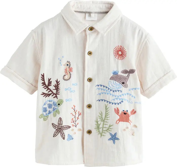 Kids' Embroidered Short Sleeve Cotton Button-Up Shirt | Nordstrom
