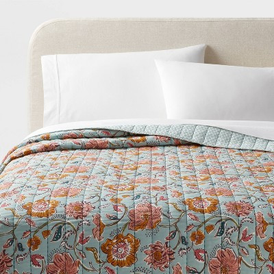 King Earthy Vines Quilt Light Teal Blue/Mustard Yellow/Light Pink Floral - Threshold™: Cotton V... | Target