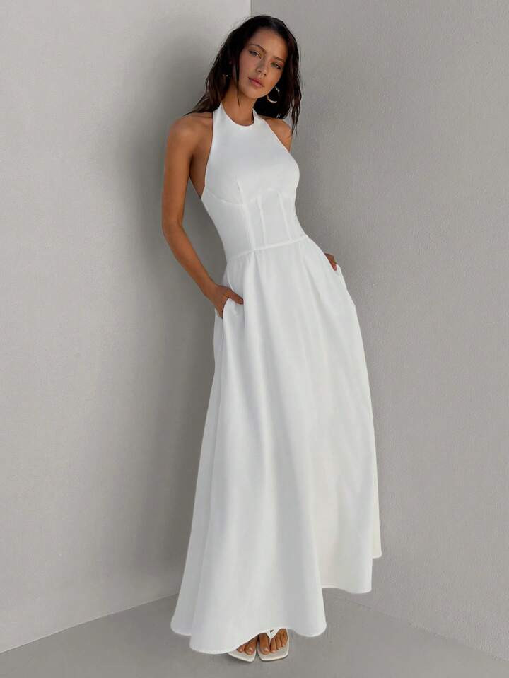 SHEIN Aloruh Women's Fishbone Ribbons Around Neck A-Line White Bodycon Dress For Holiday And Dail... | SHEIN