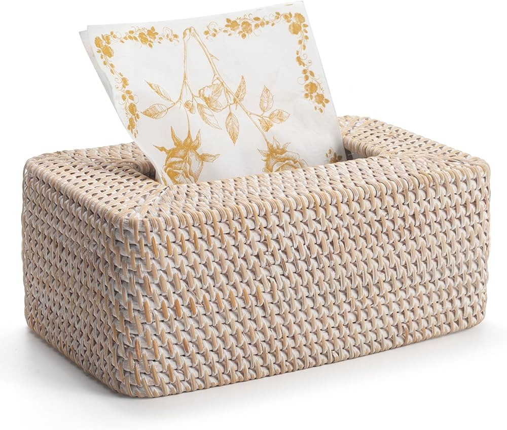 Rattan Tissue Box Cover Natural Woven Facial Napkin Holder Rectangular 10 x 6.1 x 4.1 Inch (White... | Amazon (US)