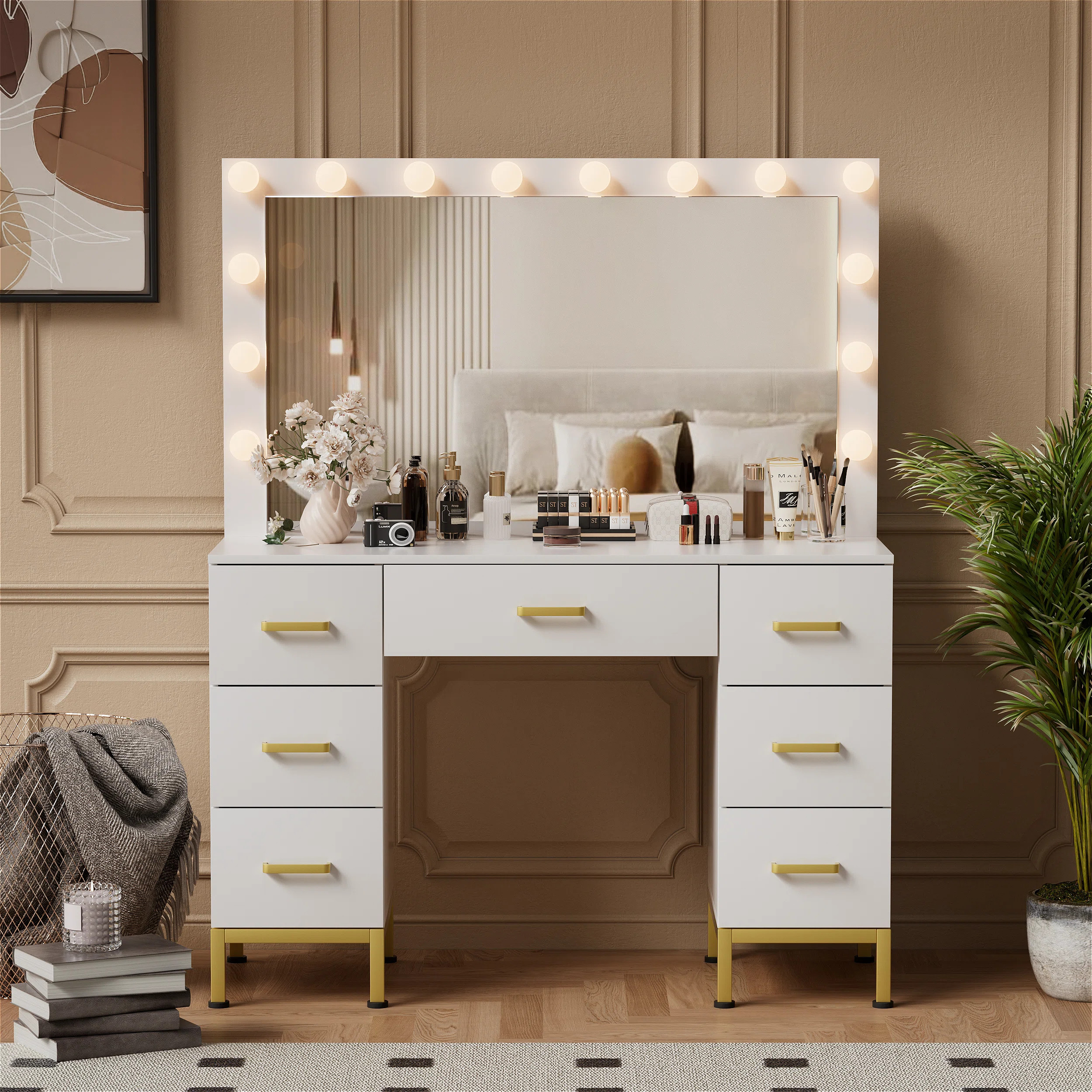 Brayden Studio® Azmira 43.3'' Large Makeup Vanity, Vanity Set with Lighted Mirror & Reviews | Wa... | Wayfair North America