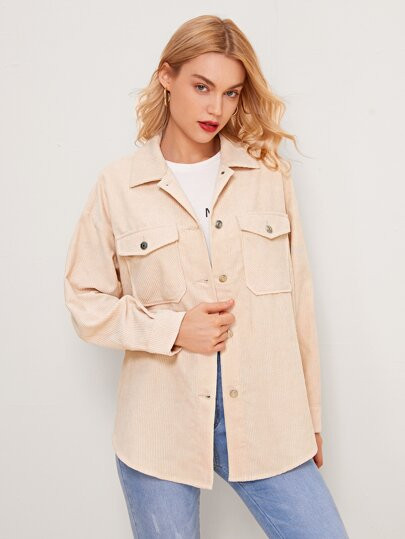 SHEIN Flap Pocket Curved Hem Cord Coat | SHEIN