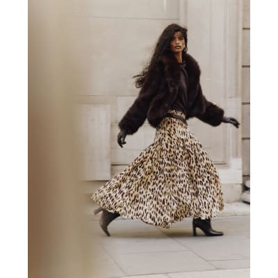 Brown Leopard Print Godet Midi Skirt | River Island UK & IE