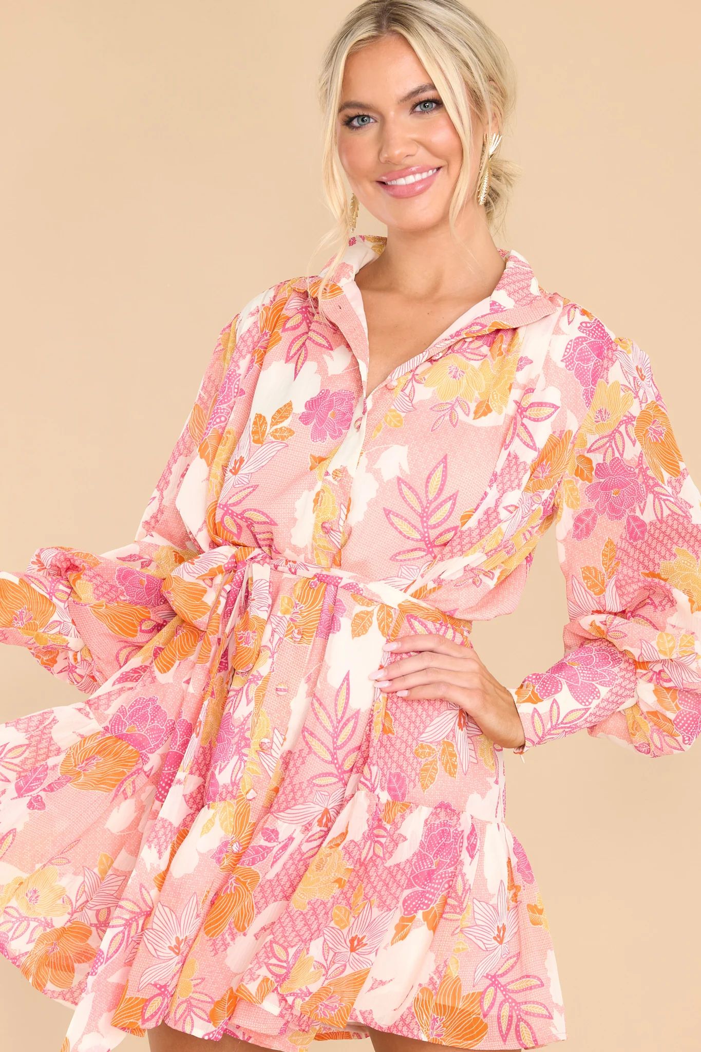 Sing A Song Apricot Multi Print Dress | Red Dress 