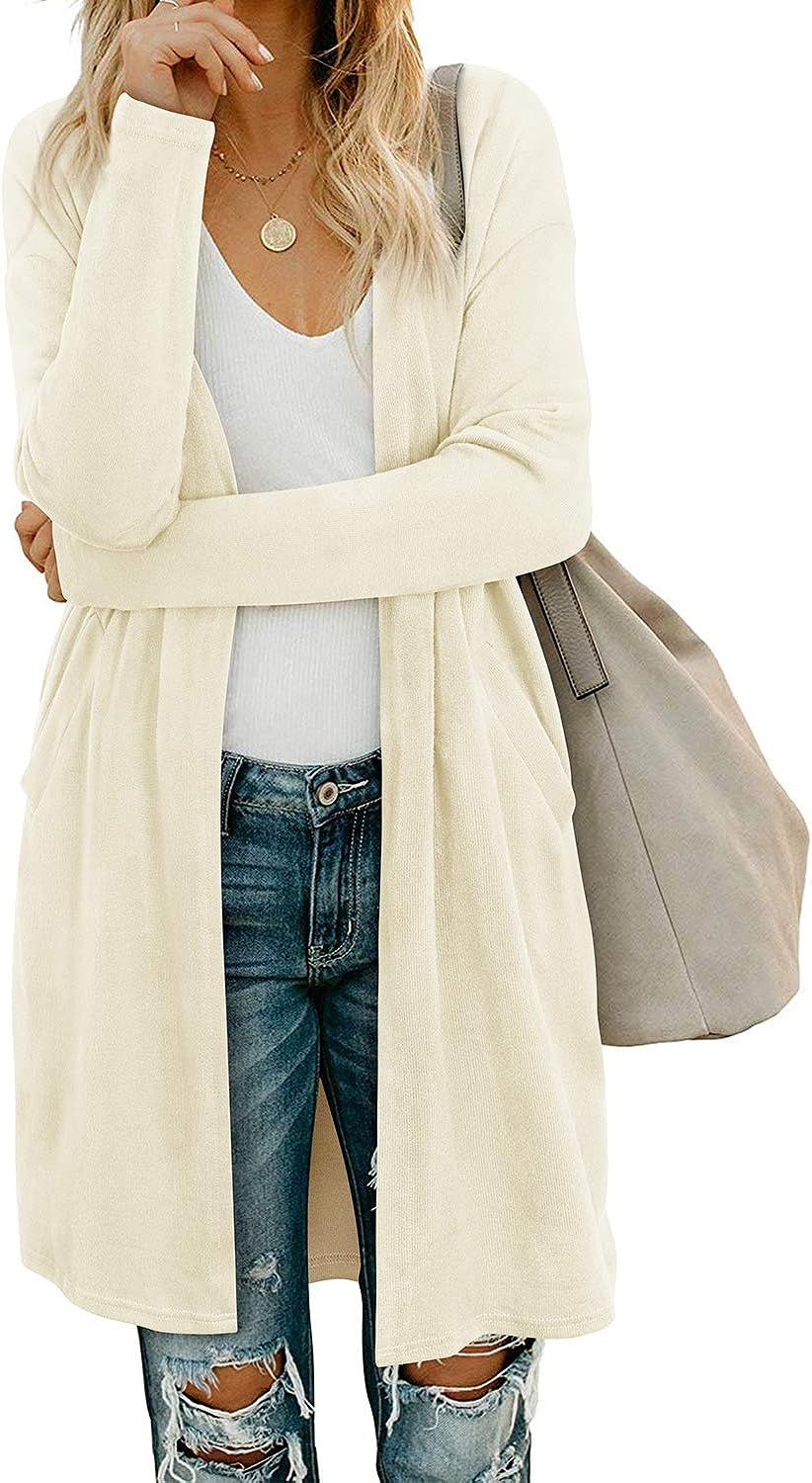 OUGES Women's Open Front Cardigan Shirt with Pockets Long Sleeve Lightweight Coat | Amazon (US)