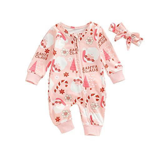 YINGISFITM Baby Girl/Boy Christmas Outfit Long Sleeve Onesie Santa Jumpsuit Winter Newborn First Christmas Clothes (Pink Santa Claus, 6-12 Months) | Amazon (US)