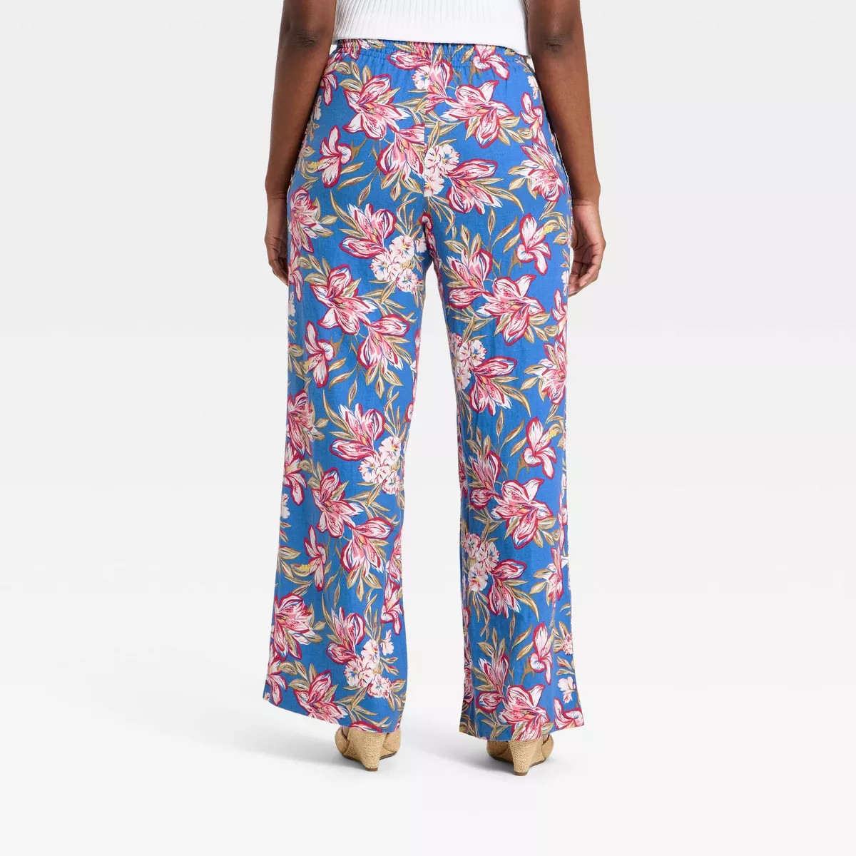 Women's Linen Wide Leg Pull-On Pants - A New Day™ Blue Floral S | Target
