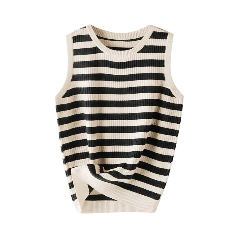 Mifsaly Womens Striped Knit Tank Top Crewneck Sleeveless Ribbed Sweater Vest Slim Fit Casual Ligh... | Walmart (US)