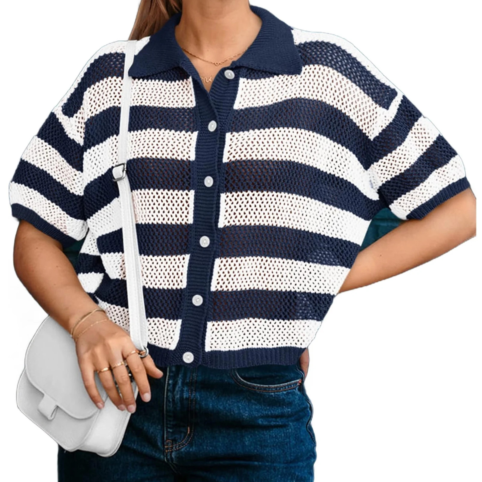 Short Sleeve Women Stripe Print Casual Button Down Crochet Cardigan Hollow Tops - Walmart.com | Walmart (US)