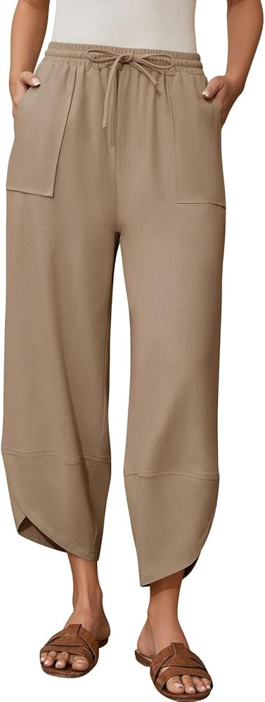 Womens Barrel Harem Linen Pants Wide Leg Pants Baggy Palazzo Drawstring Elastic Waist with Pocket... | Amazon (US)