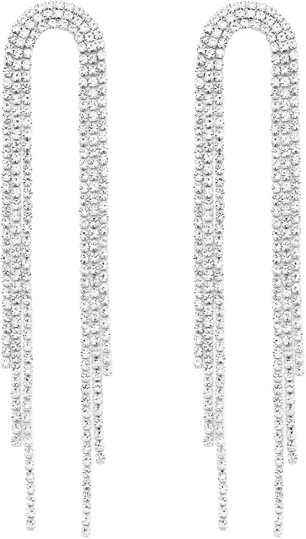Big Chain Tassel Statement Earrings Bridal Wedding Rhinestone Dangle Earrings | Amazon (US)