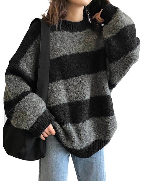 EMMIOL Women's Oversized Striped Sweaters 2025 Fall Trendy Long Sleeve Knit Outfits Crewneck Fash... | Amazon (US)