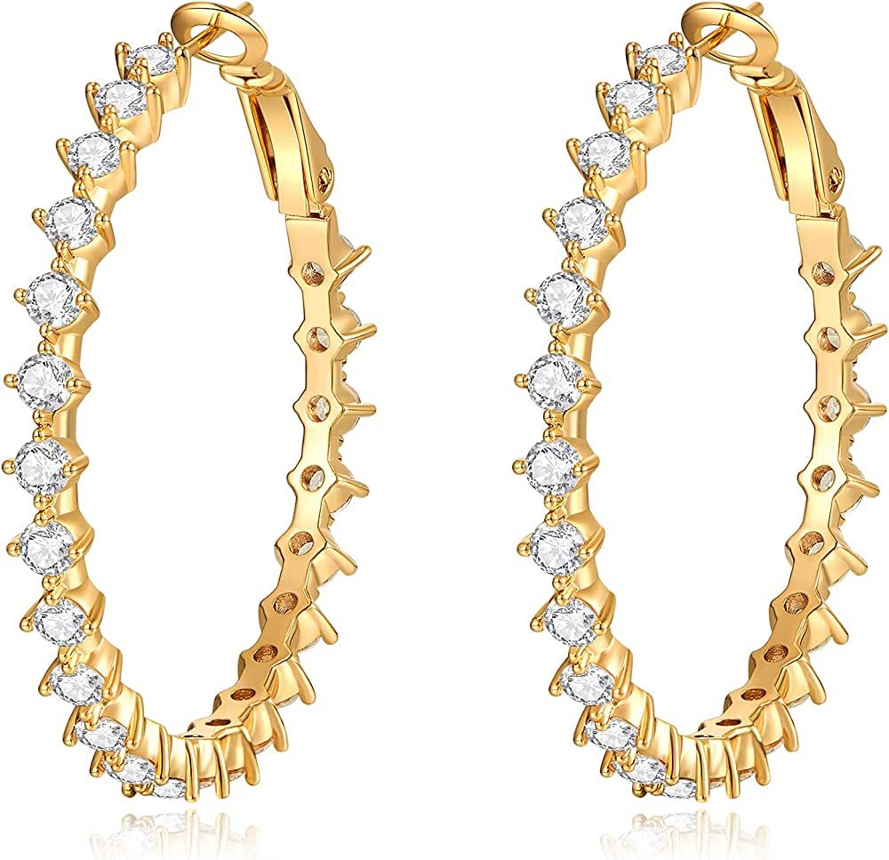 FAMARINE 925 Sterling Silver CZ Open C Hoops Earrings, Crystal Cubic Zirconia Hoop Earring Gift f... | Amazon (US)