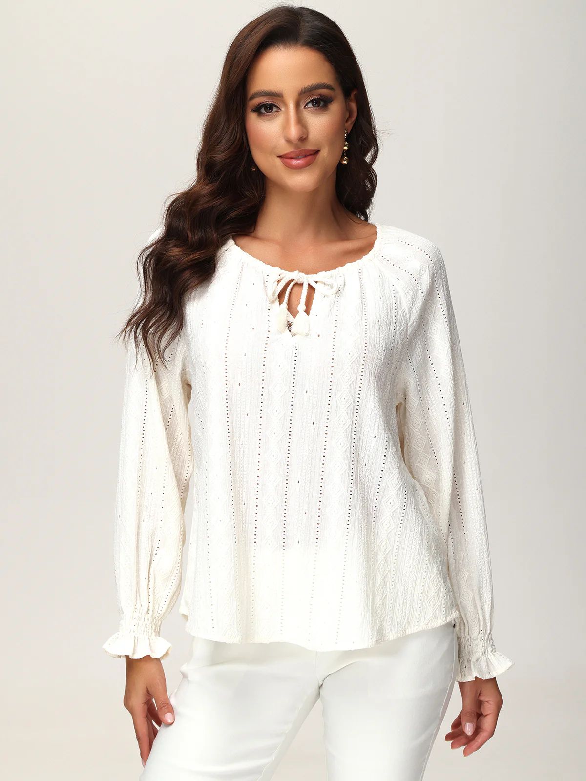 Tie Neck Ruffle Cuff Long Sleeve Top | 89th + Madison