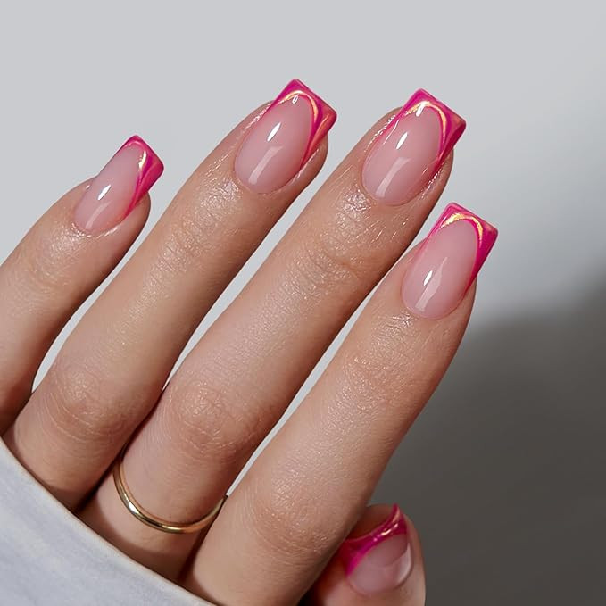 BTArtbox French Tip Press On Nails - Trendy Short Square Fake Nails with Metallic Chrome Pink Col... | Amazon (US)