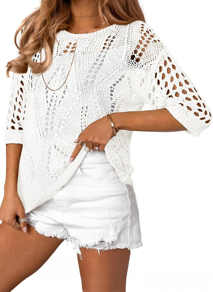 EVALESS Womens Crochet Hollow Out Knit Tops Half Sleeve Spring Summer Sweaters Beach Cover Ups fo... | Amazon (US)